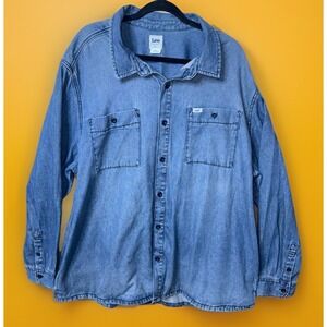 Lee Workwear Denim Shirt XXL Light Wash Button Up Long Sleeve Pockets